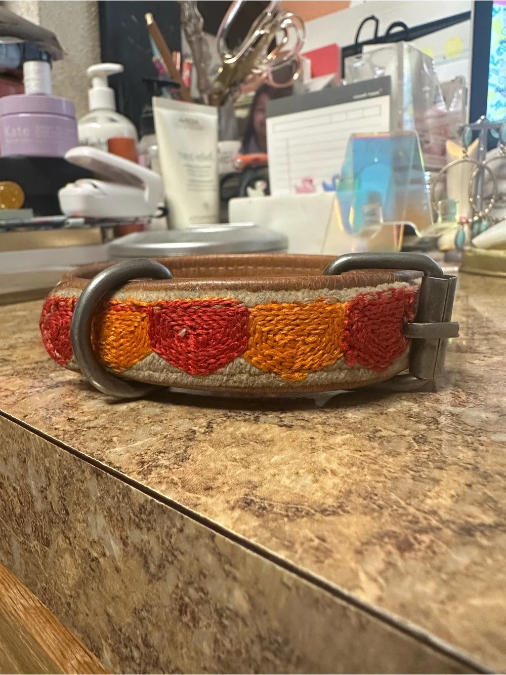 Embroidered Leather Dog Collar with Orange & Red Hearts